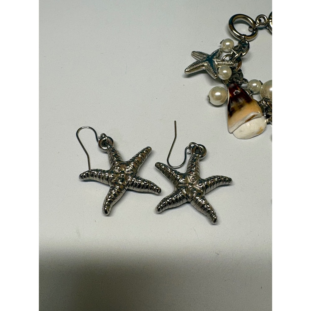 Nautical Starfish Shell Pearl Charm Bracelet and Starfish Dangle Earrings Set - Picture 2 of 9